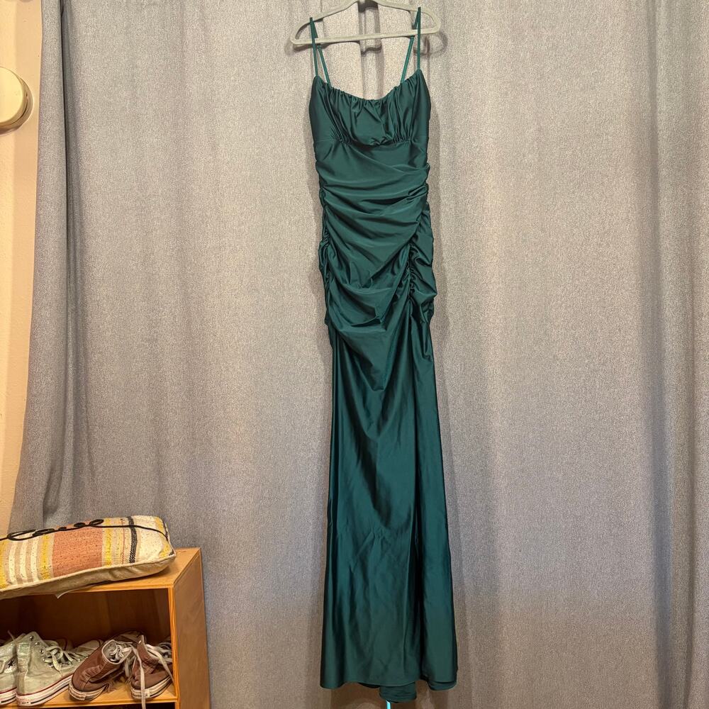 Katia Rae Forest Green Ruched Spaghetti Strap Formal Maxi Dress M